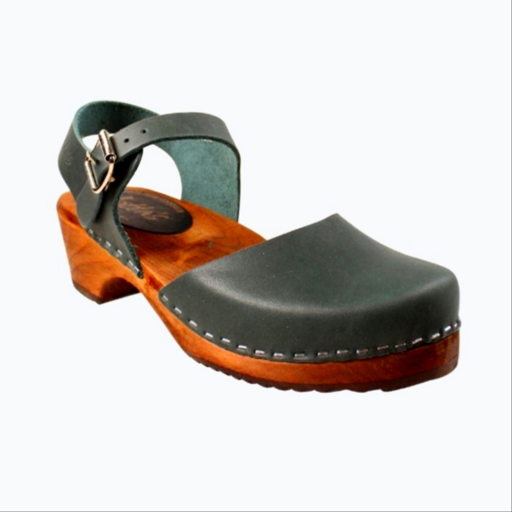 Lotta Low Wood Clogs Dark Green on Brown Base NEW